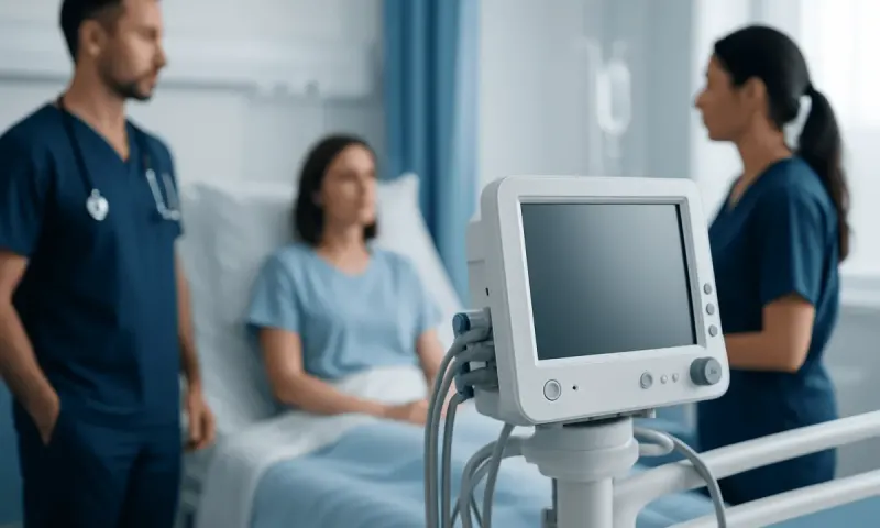 Medical team consulting patient in hospital room with monitor in foreground.