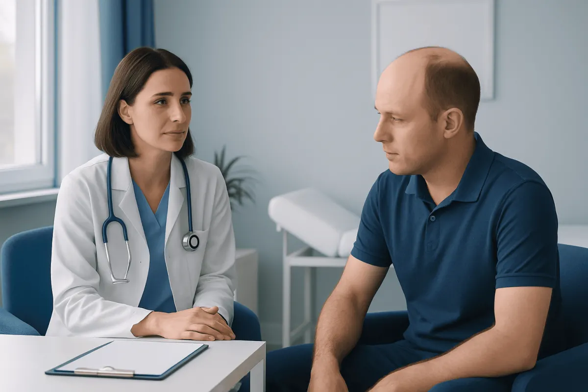 Doctor consulting with male patient in a medical office setting.