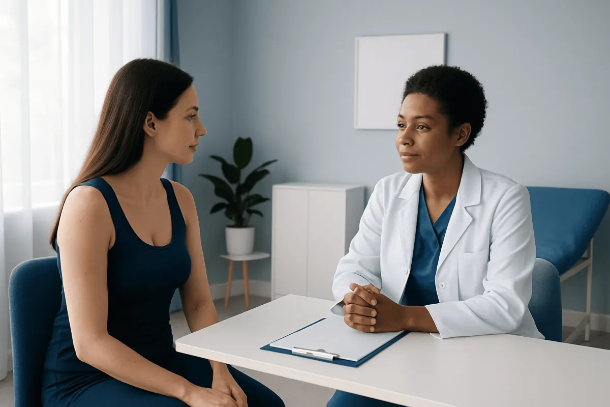 Doctor consulting with patient in a medical office setting.
