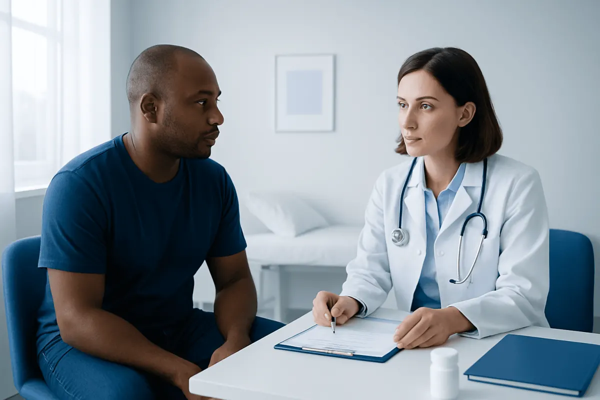 Doctor consulting with patient in a medical office setting.