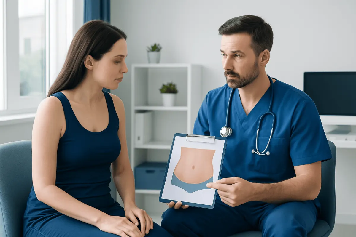 Doctor explaining tummy area with a diagram to a patient in a consultation room.