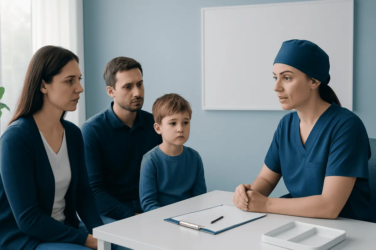 Child and parents consulting with pediatric surgeon in hospital.