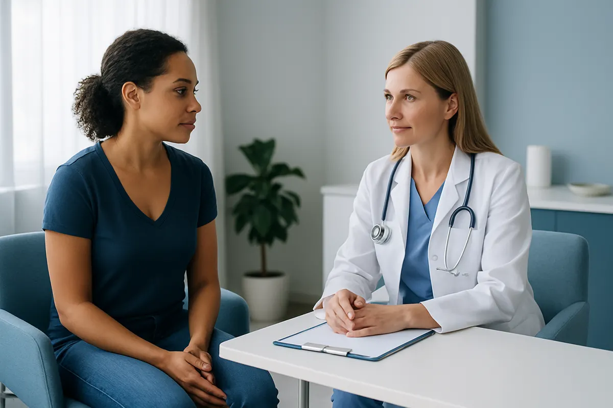 Doctor consulting with patient in a medical office setting.