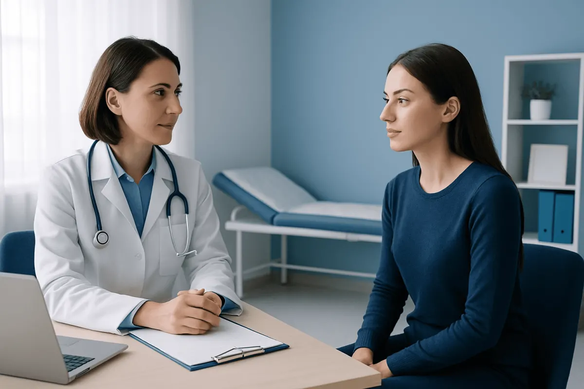 Doctor consulting with patient in a medical office setting.