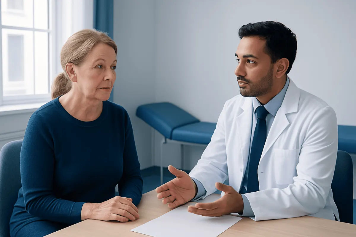 Doctor consulting with an elderly woman in a medical office.