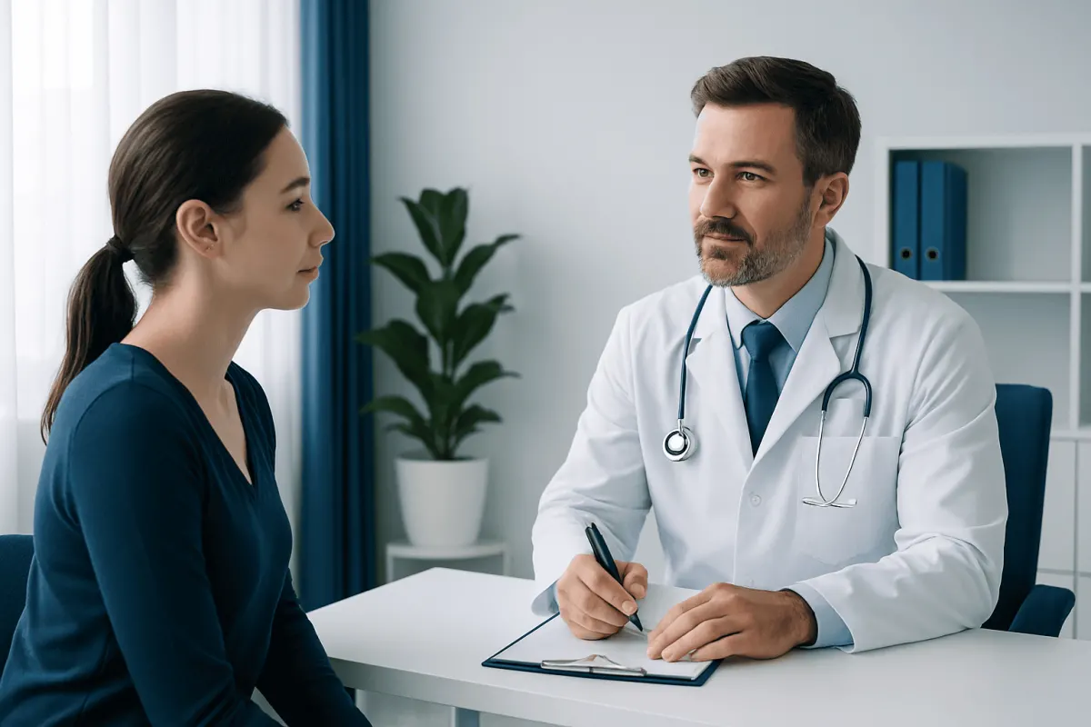 Doctor consulting with a female patient in a modern clinic setting.