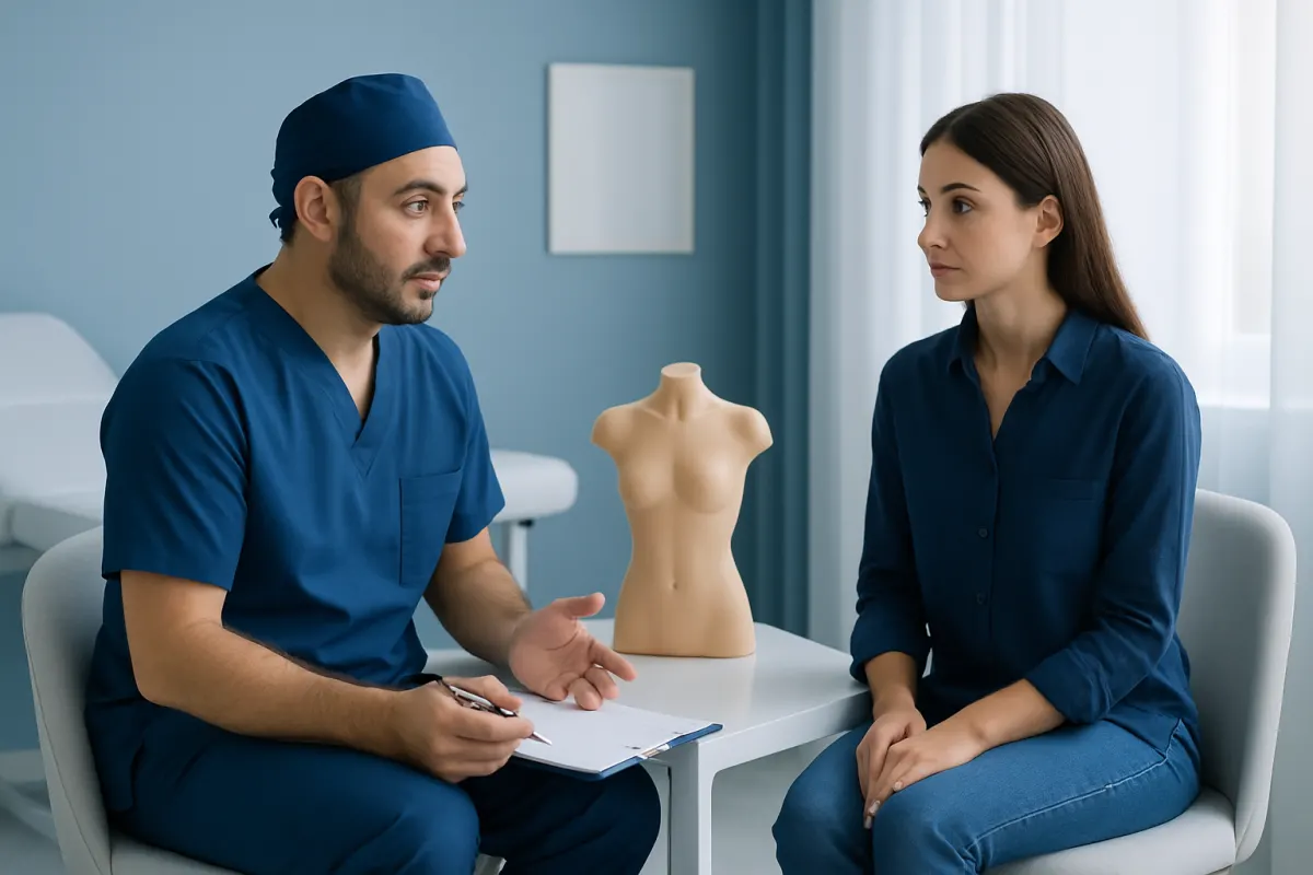 Doctor consulting with patient in a medical office with a mannequin torso.
