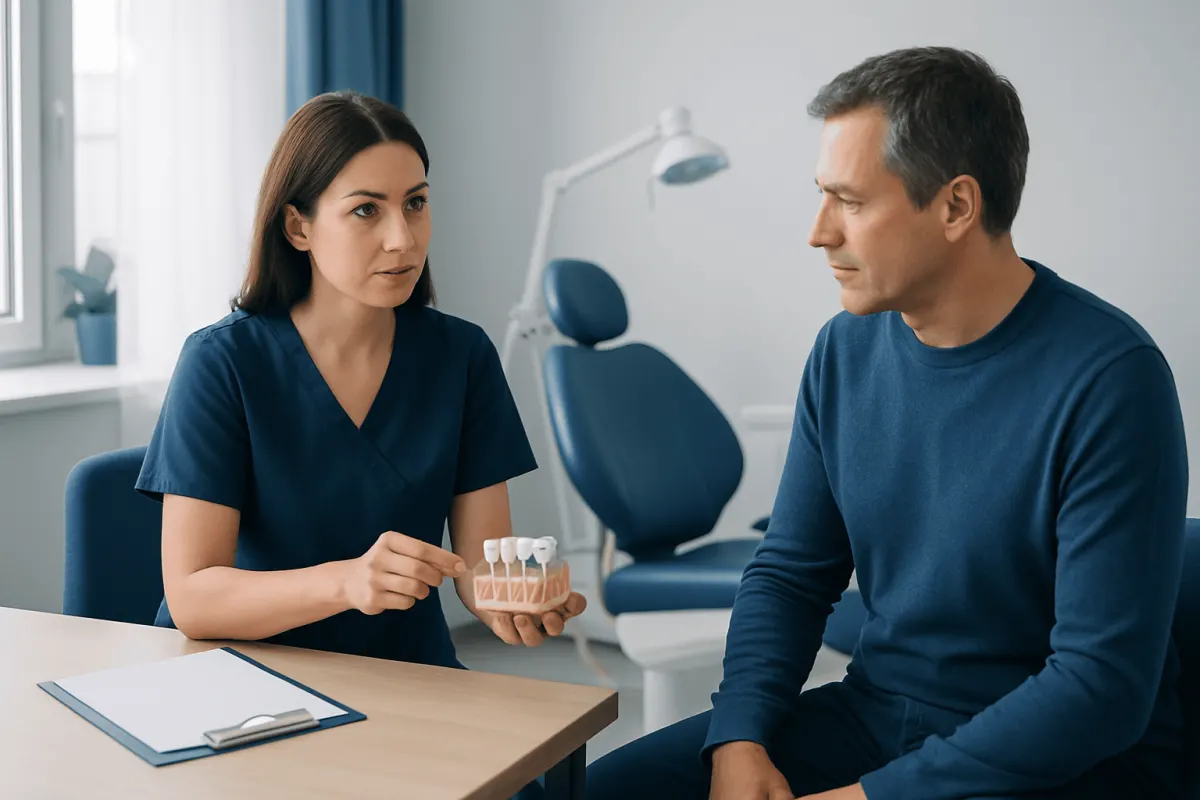 Dentist explaining dental bridge procedure to patient in clinic.