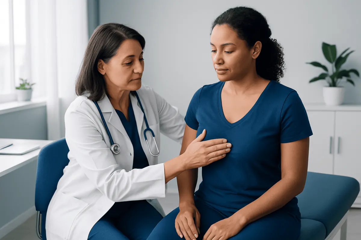 Doctor examining a woman's breast during a clinical consultation.