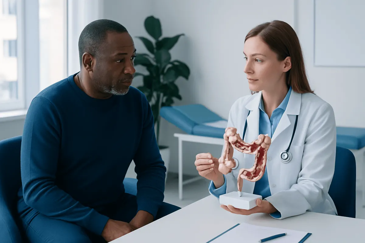 Doctor explains colonoscopy procedure using a model to a patient.