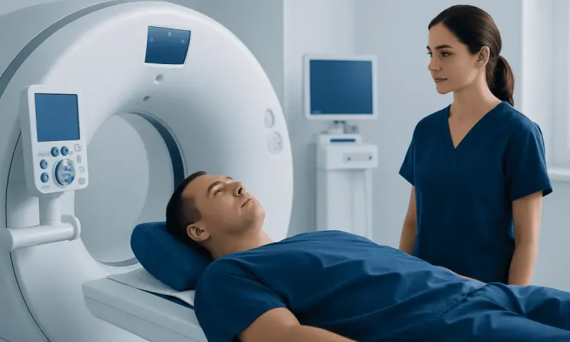 Patient undergoing a CT scan in a medical facility with healthcare professional present.