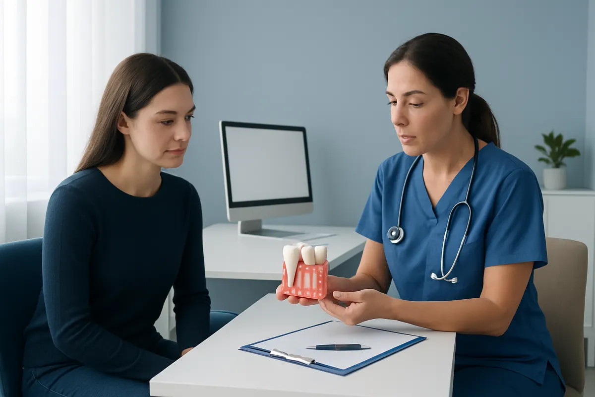 Dentist explaining gum grafting procedure to patient with dental model.