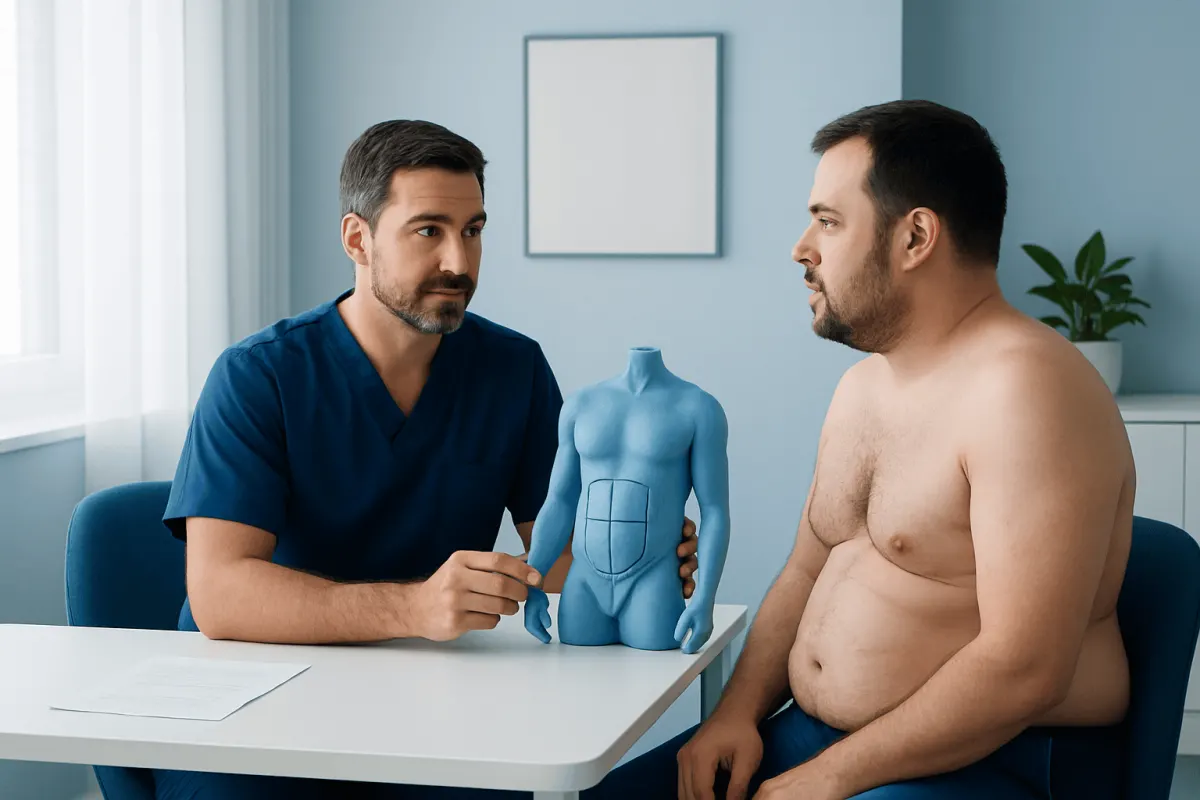 Doctor explaining tummy tuck procedure to patient in consultation room.