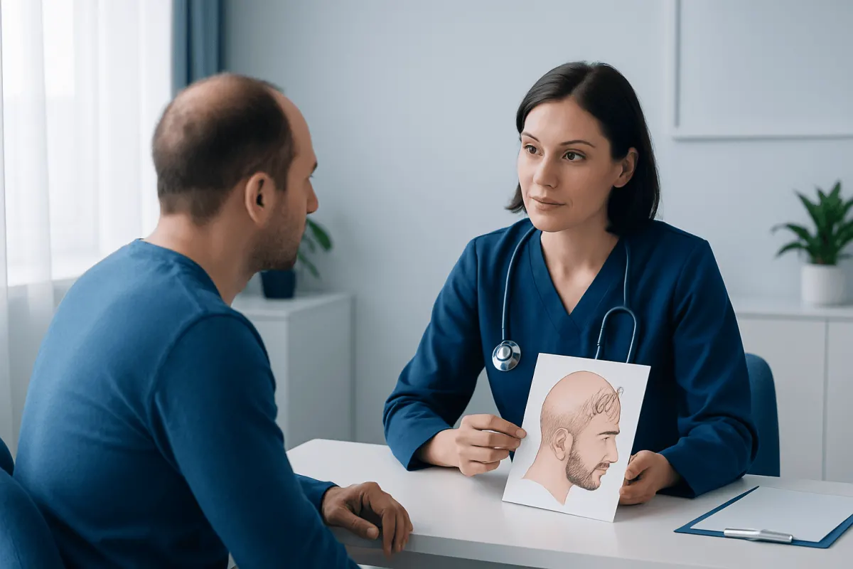 Medical consultation for hair transplant with doctor showing scalp diagram.