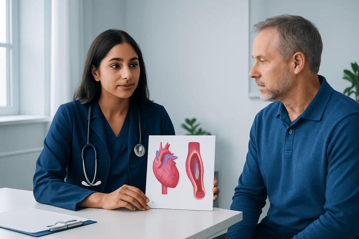 Doctor explaining heart and artery diagrams to patient in consultation room.