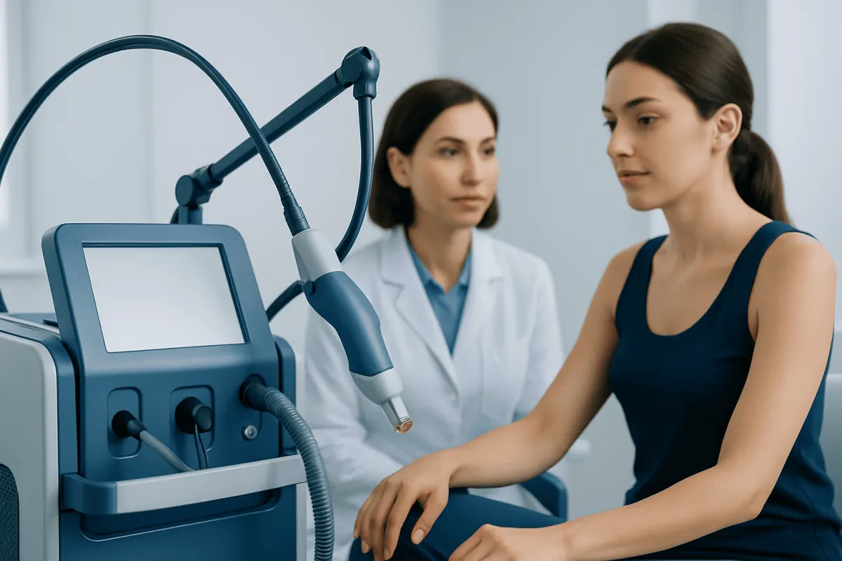 Medical professional performing laser treatment on a patient in a clinical setting.