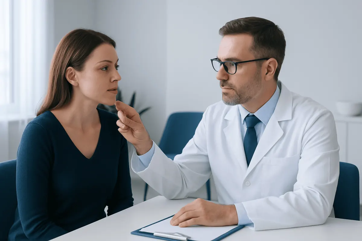 Doctor consulting with a female patient in a medical office setting.