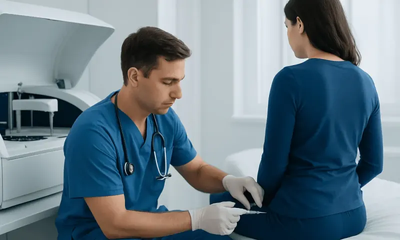 Doctor preparing a lumbar puncture procedure for meningitis diagnosis.