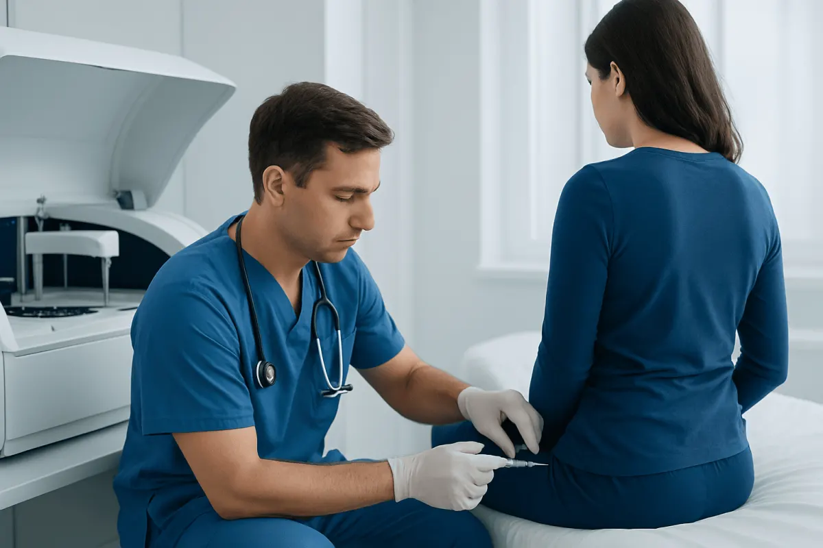 Doctor preparing a lumbar puncture procedure for meningitis diagnosis.