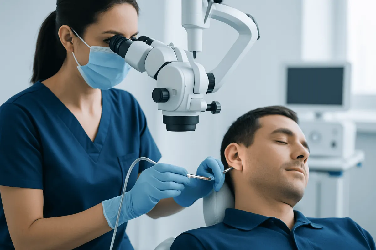 ENT specialist performing microsuction ear cleaning on a patient.