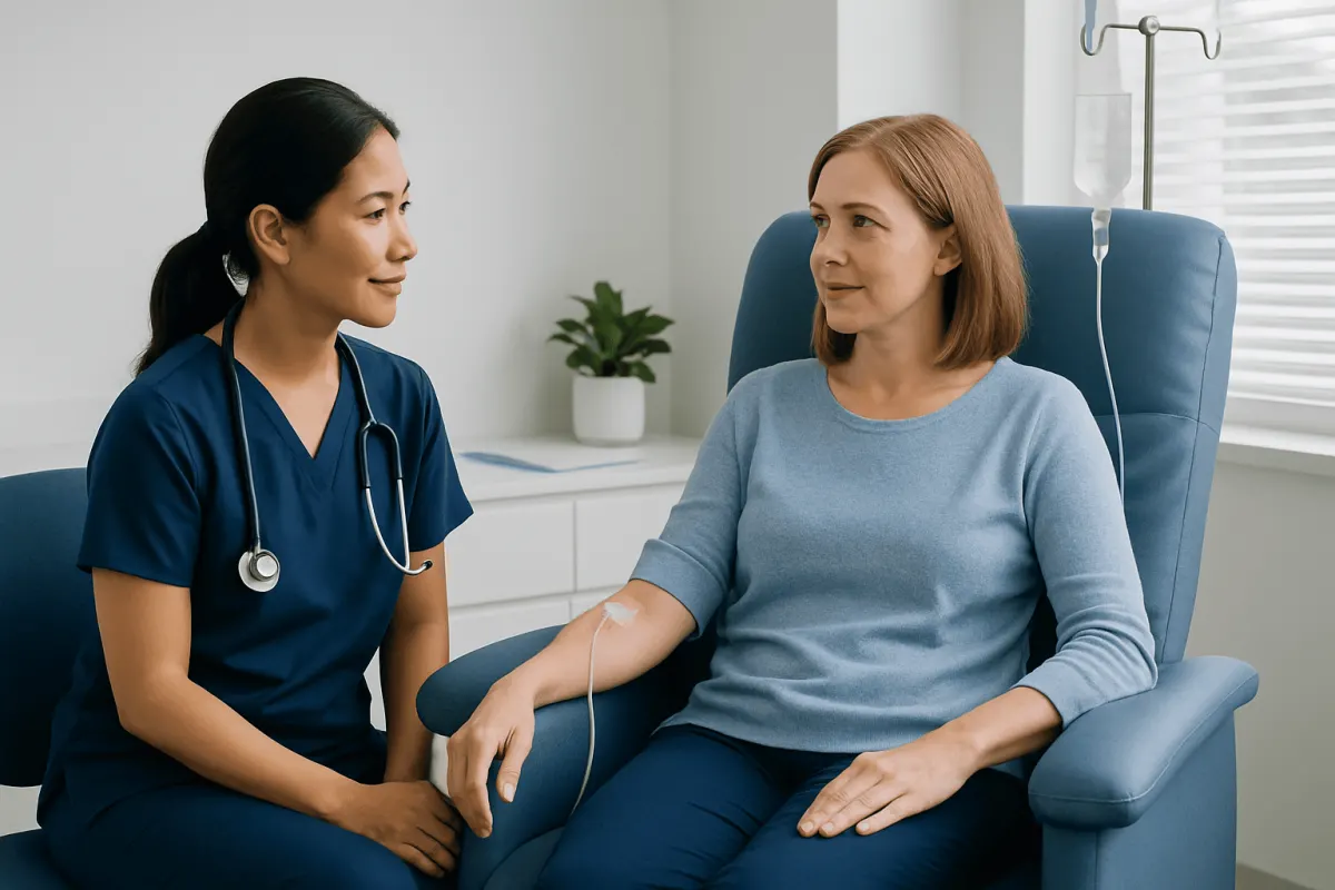 Patient receiving monoclonal antibody treatment in a hospital room.