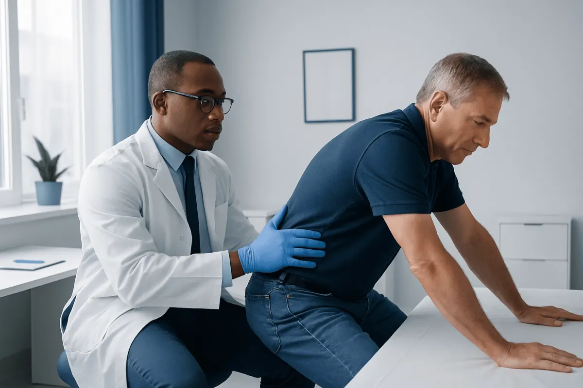 Doctor performing a prostate exam on a patient in a clinical setting.