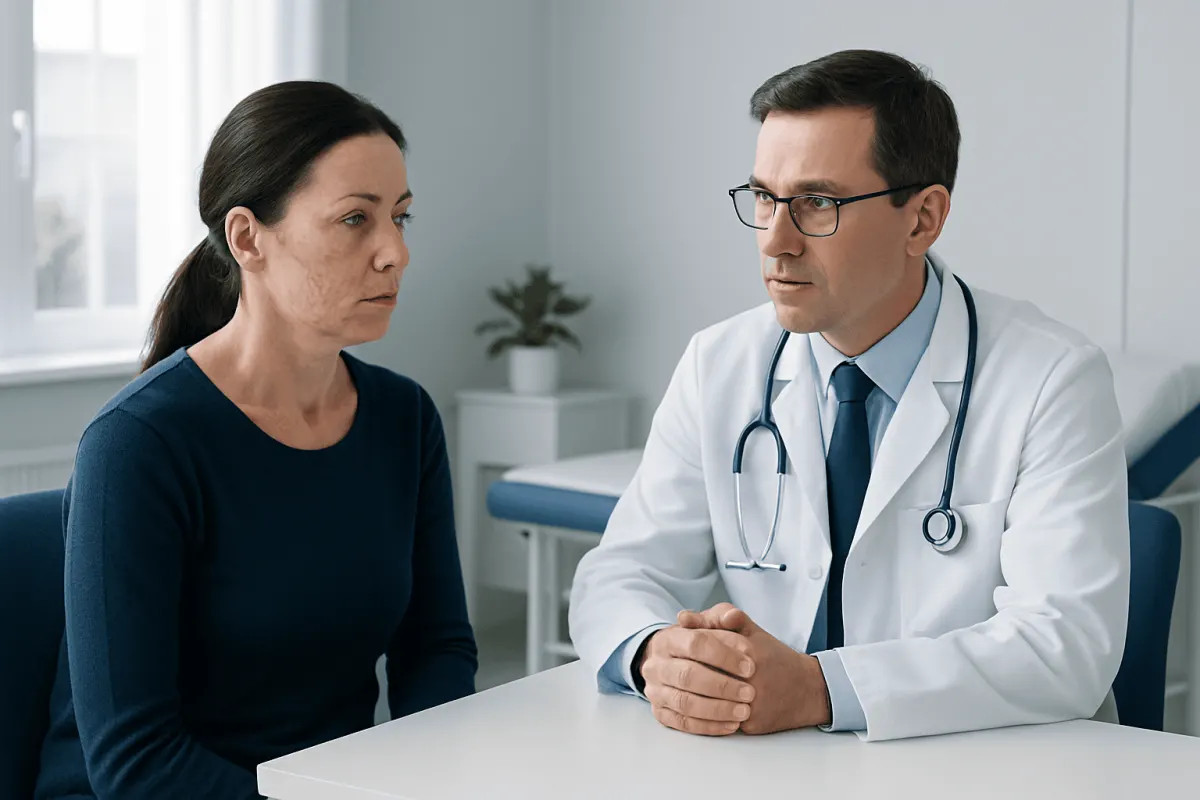 Doctor consulting with middle-aged woman in a medical office.