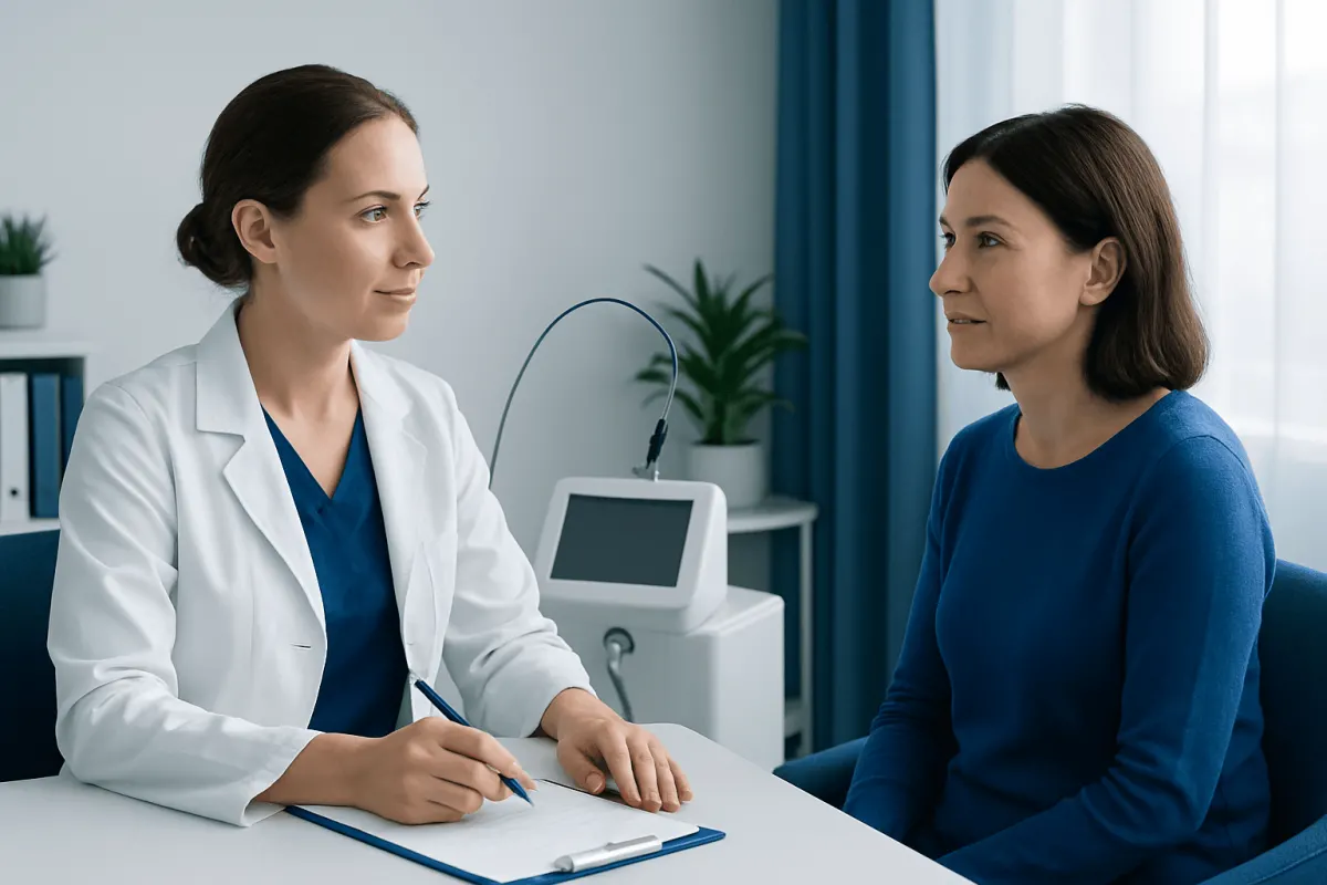 Doctor consulting with patient in a medical office setting.