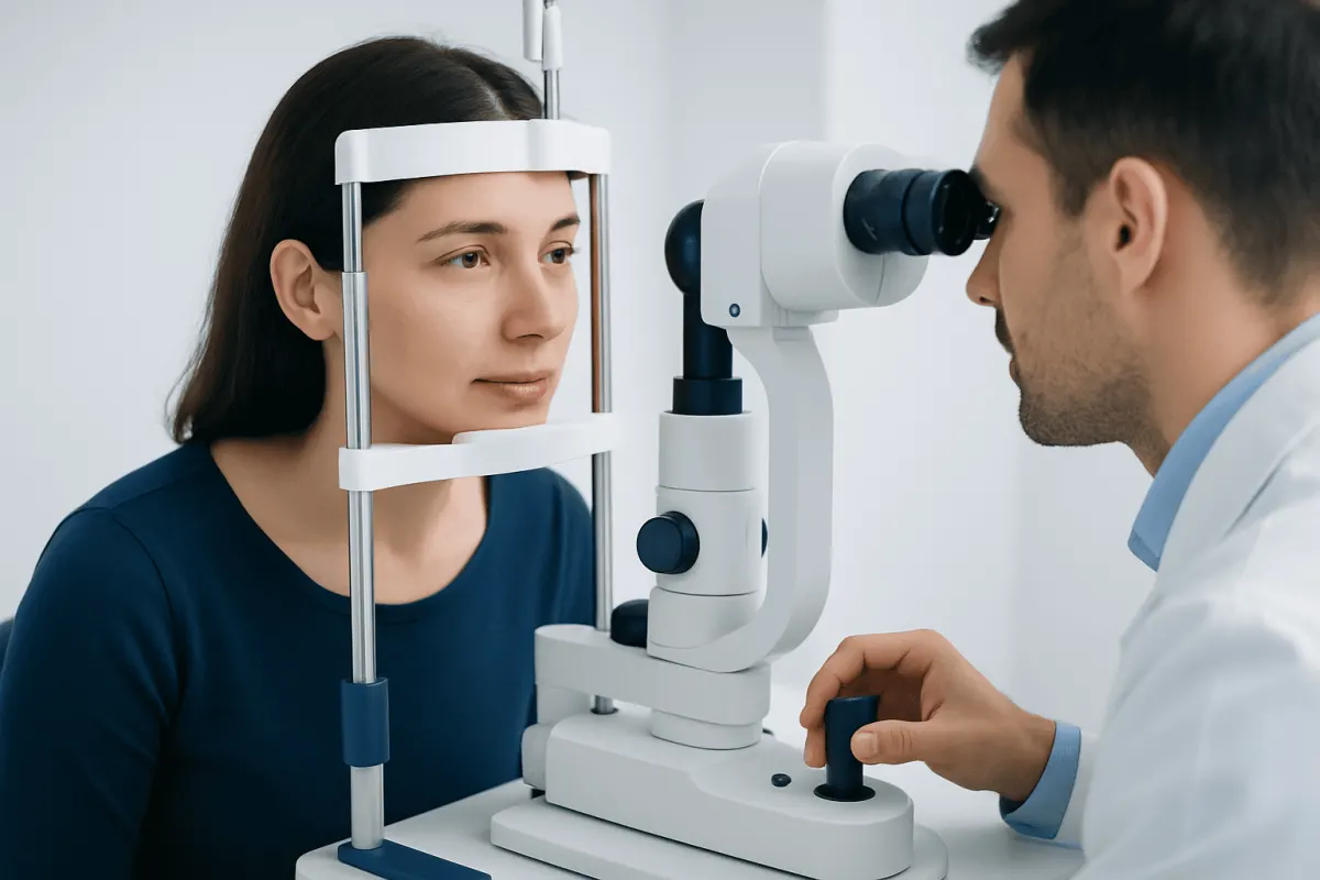 Optometrist performs eye exam using slit lamp on young woman.