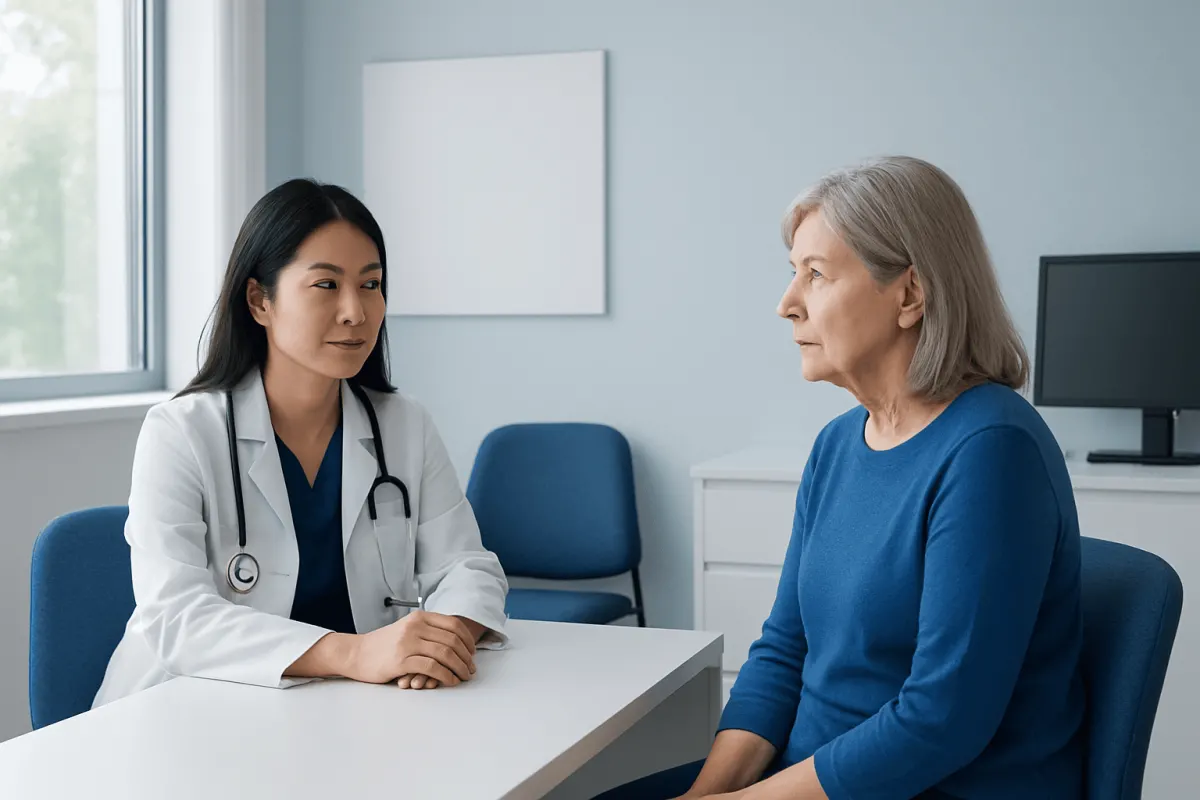 Doctor consulting with an elderly female patient in a medical office.