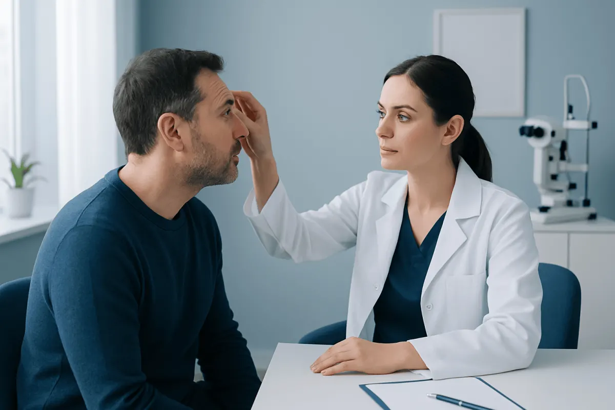 Doctor examining patient's eye in a clinical setting.