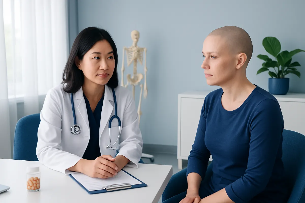 Doctor consulting a patient in a medical office with a skeleton model in the background.