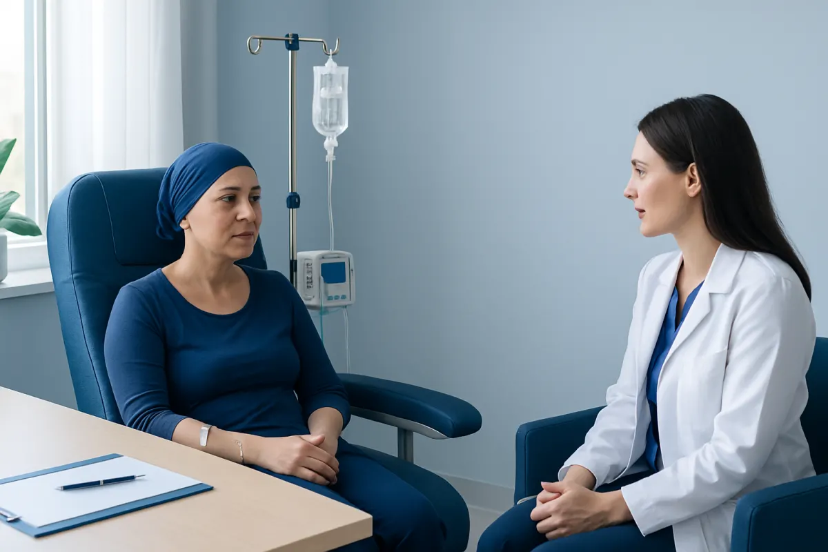 Patient and doctor discussing treatment in hospital room.