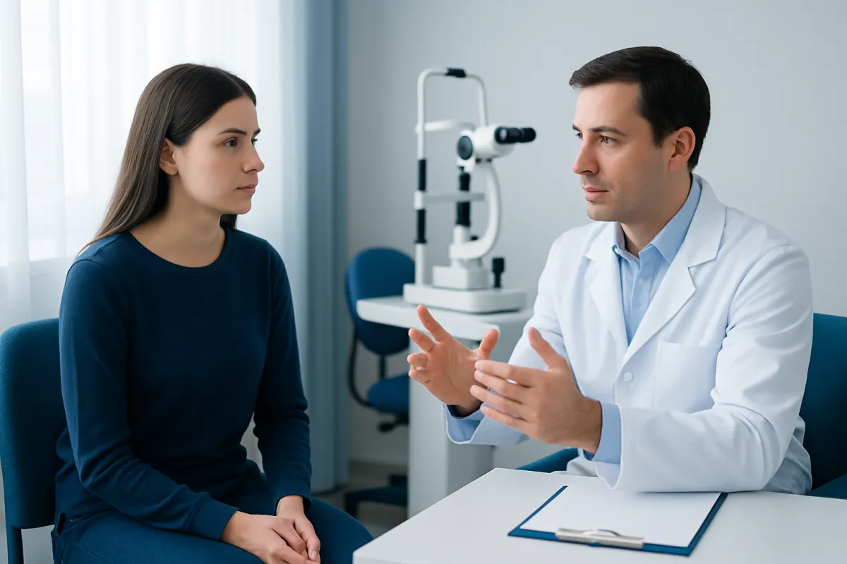 Optometrist explaining eye condition to young woman in clinic.