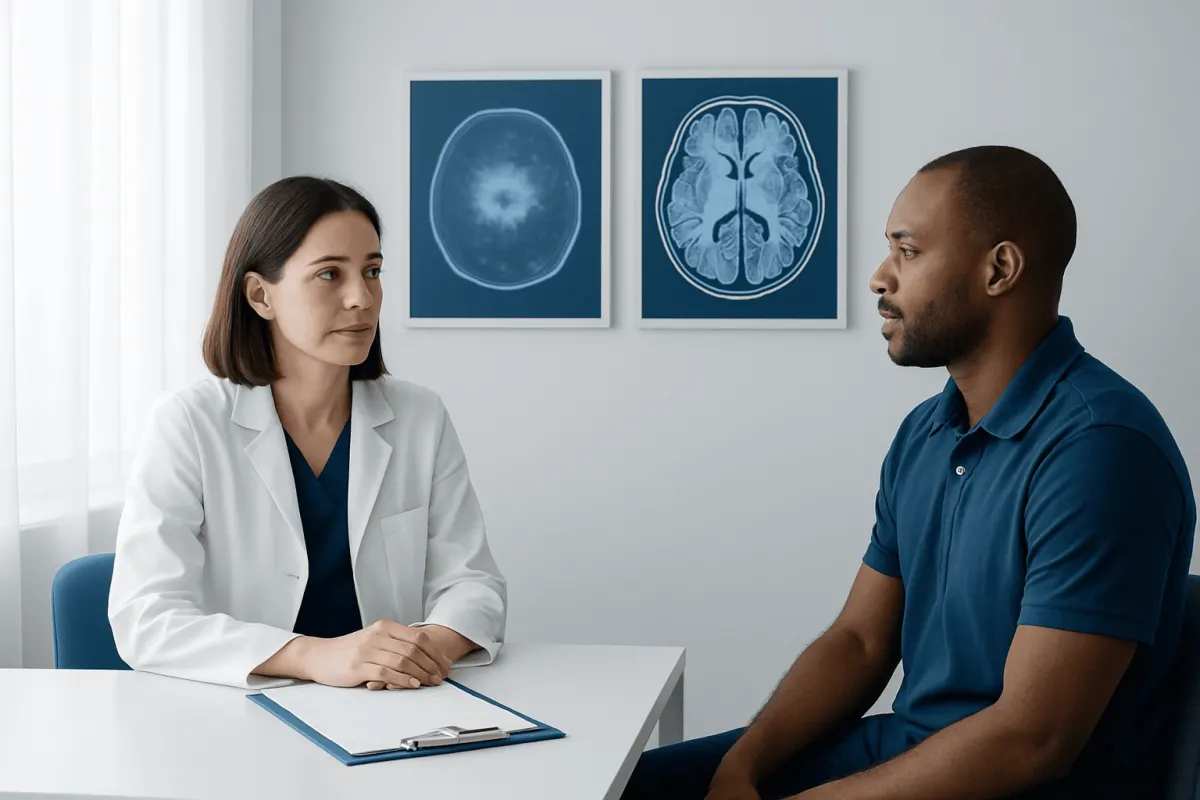Doctor discussing brain scan results with patient in a medical consultation room.