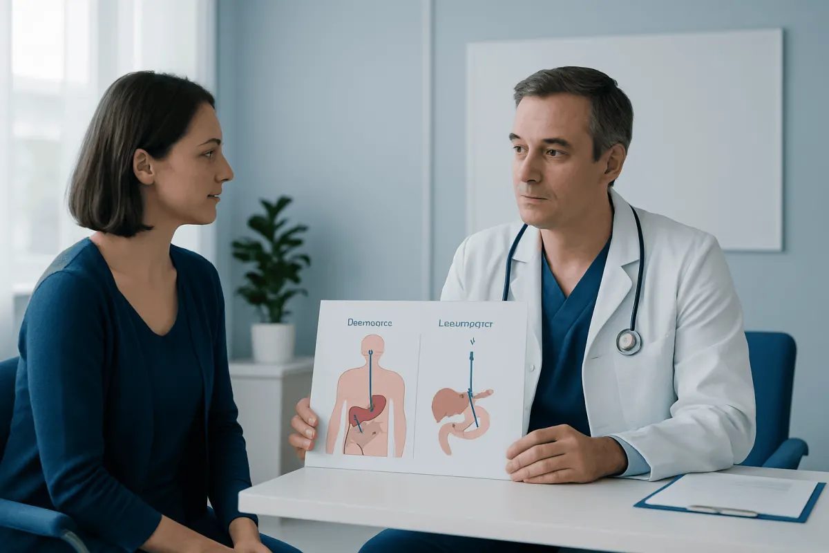 Doctor explaining endoscope and laparoscope differences to patient.