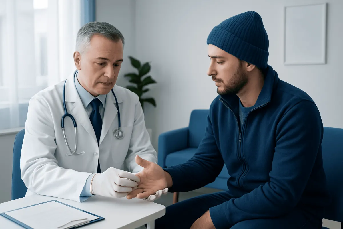Doctor examining patient's hand in a medical consultation room.