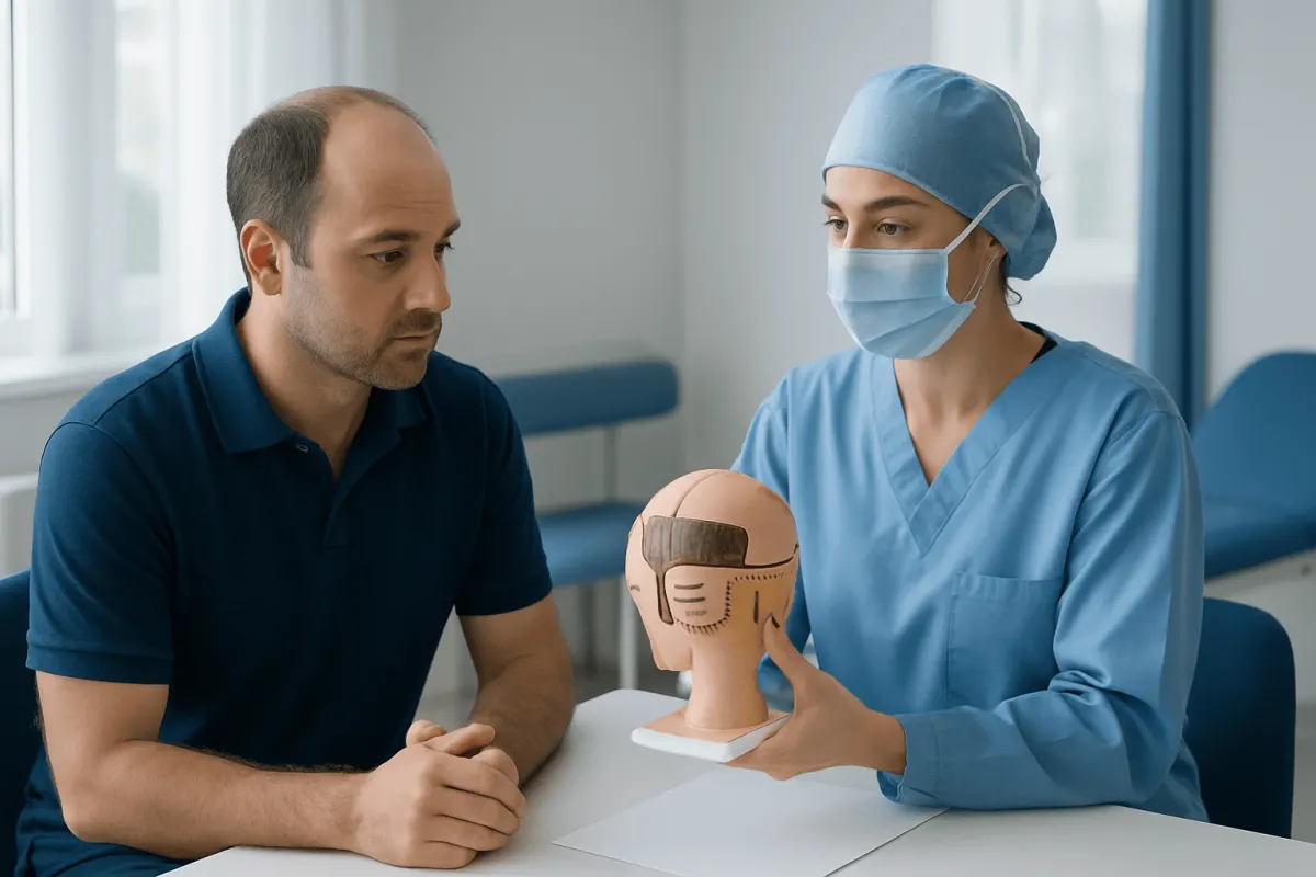 Doctor explains hair transplant procedure to patient using a scalp model.
