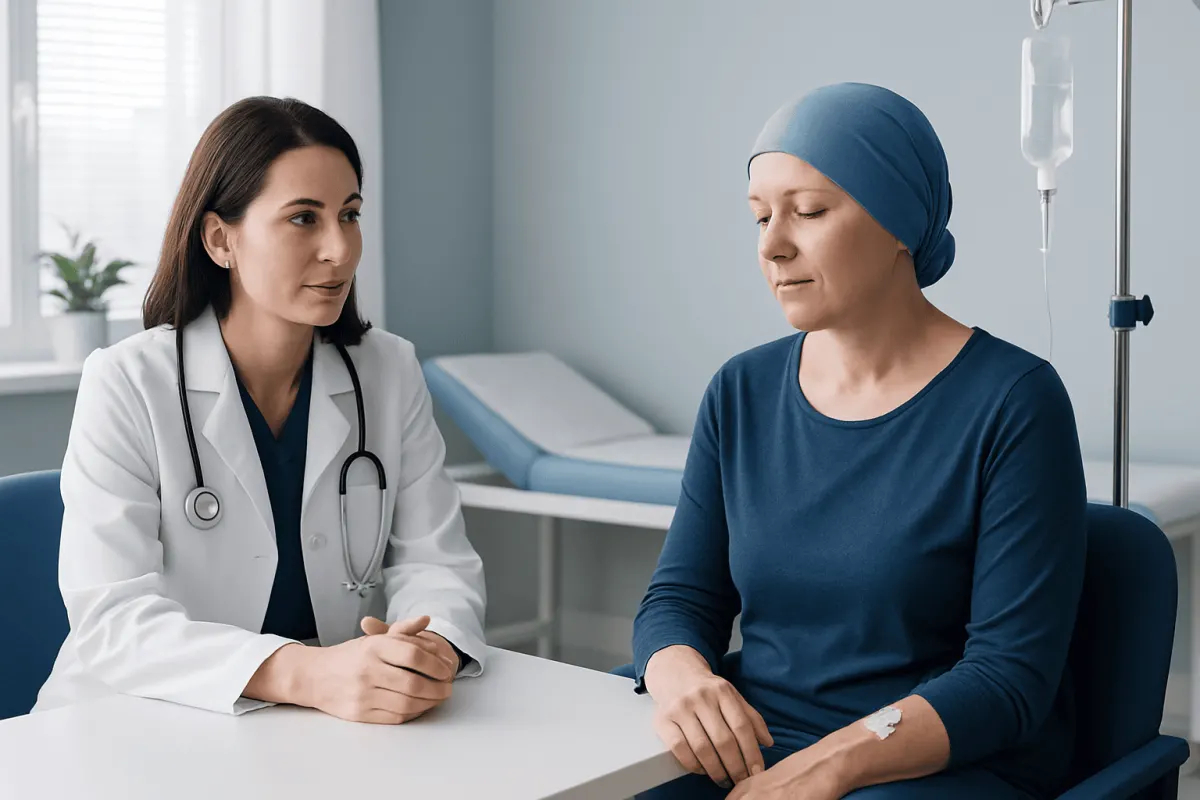 Doctor consulting with a patient undergoing chemotherapy treatment.