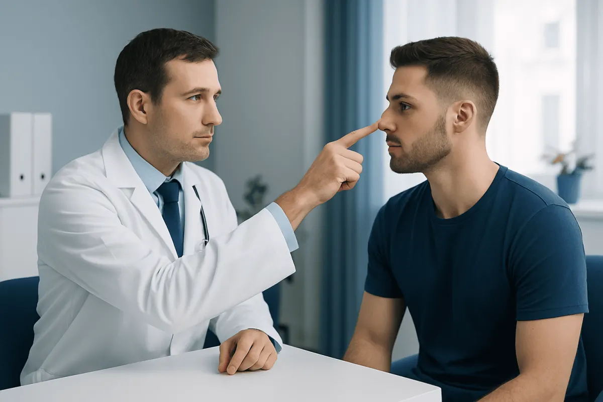 Doctor examining young man's nose in consultation room at Acibadem Hospital.