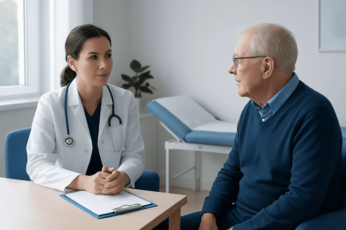 Doctor consulting with elderly patient in a medical office.