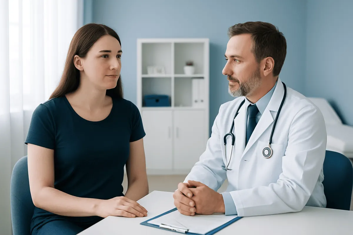 Doctor consulting with a young female patient in a medical office.