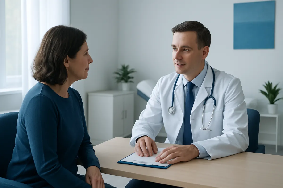 Doctor consulting with a female patient in a modern medical office.