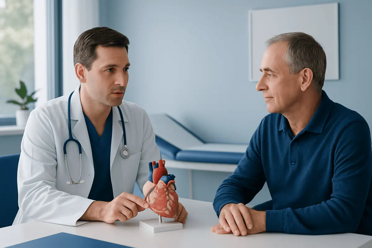 Doctor explaining heart surgery to patient with heart model in clinic.