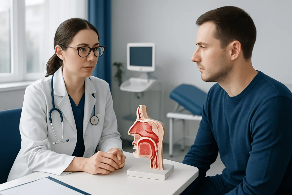 ENT specialist consulting patient about nasal anatomy model at clinic.