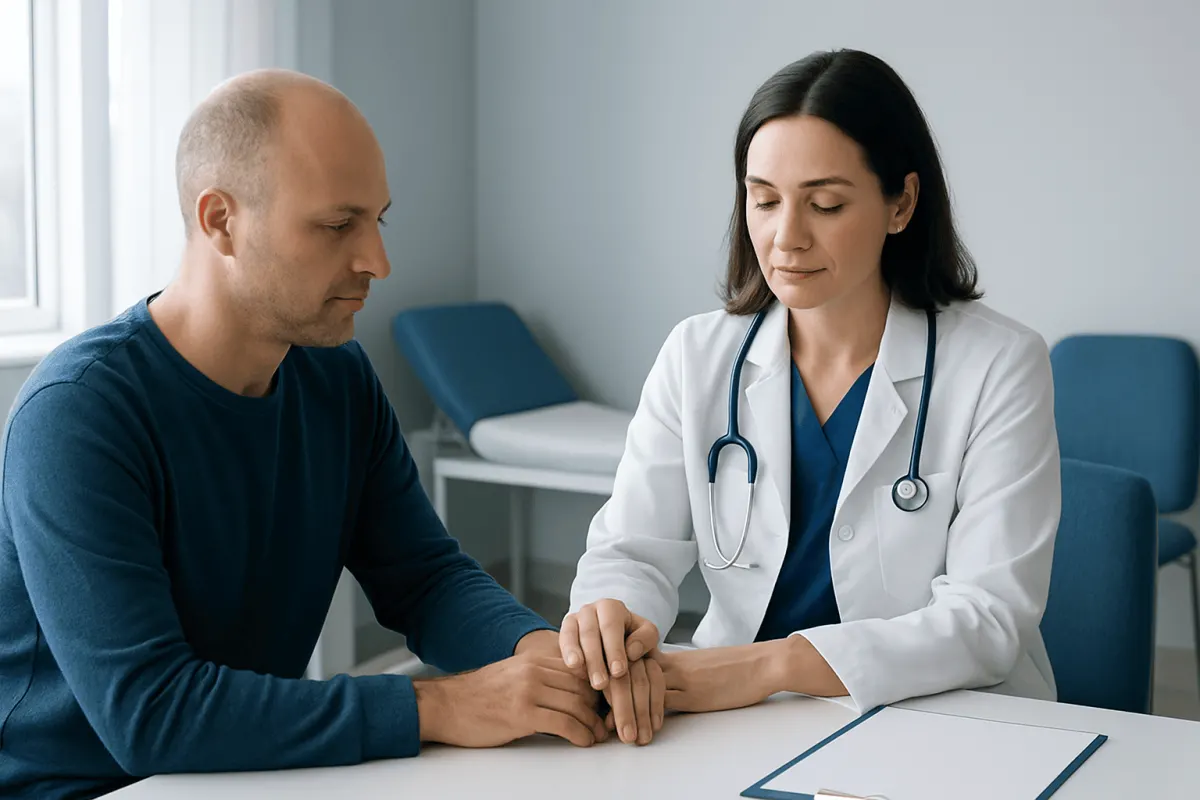 Doctor comforting a patient during a consultation at Acibadem Hospital.