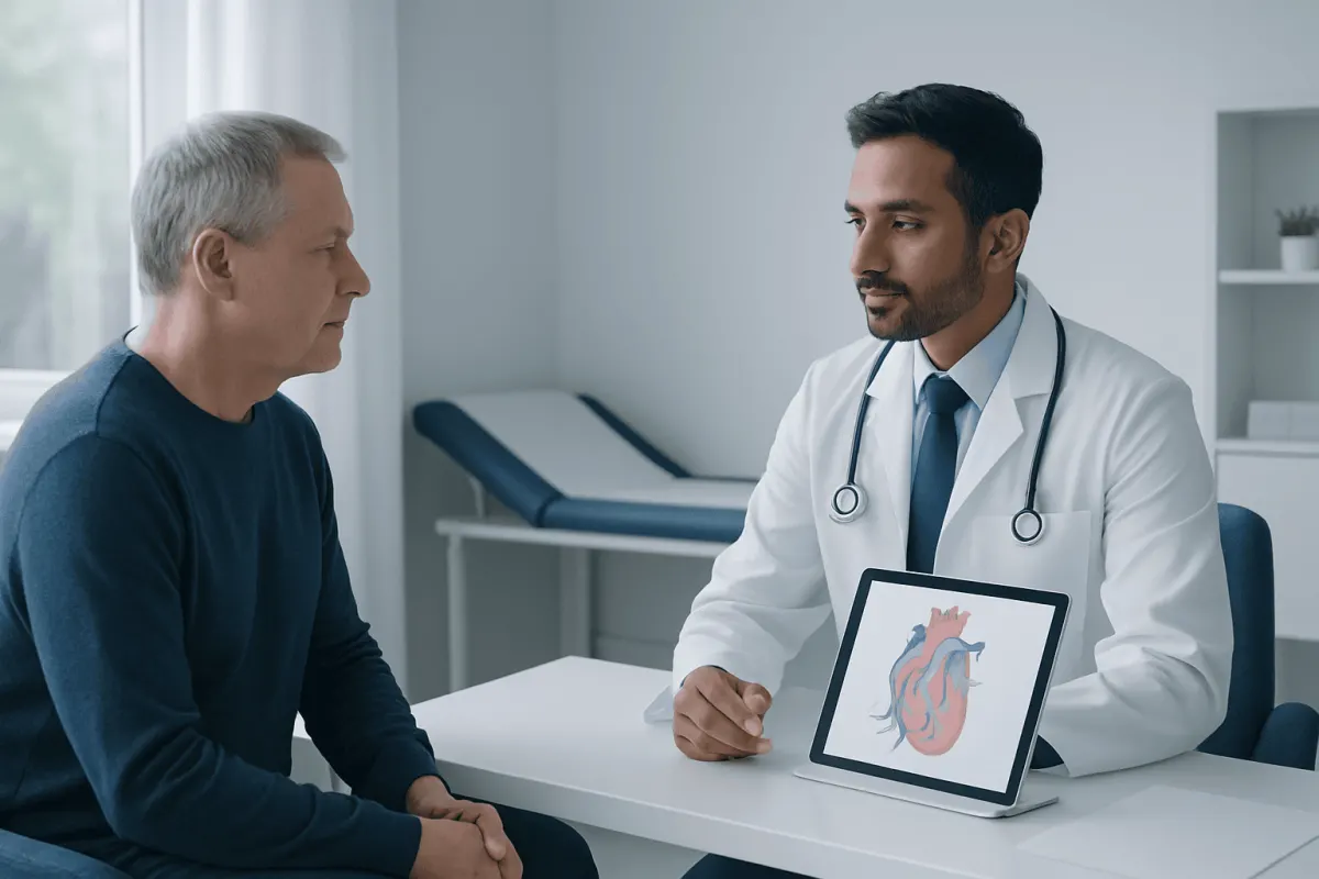 Cardiologist explaining heart diagram to patient in a medical consultation room.