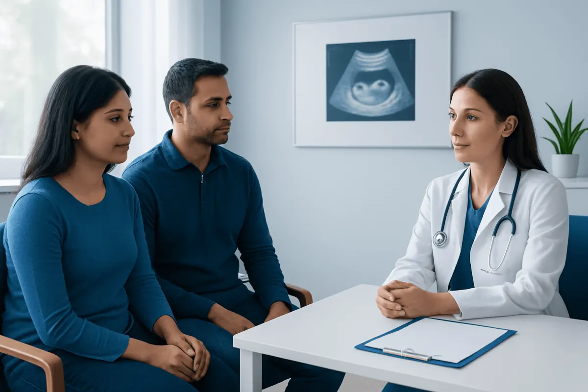 Doctor consulting with couple in a medical office with ultrasound image on the wall.