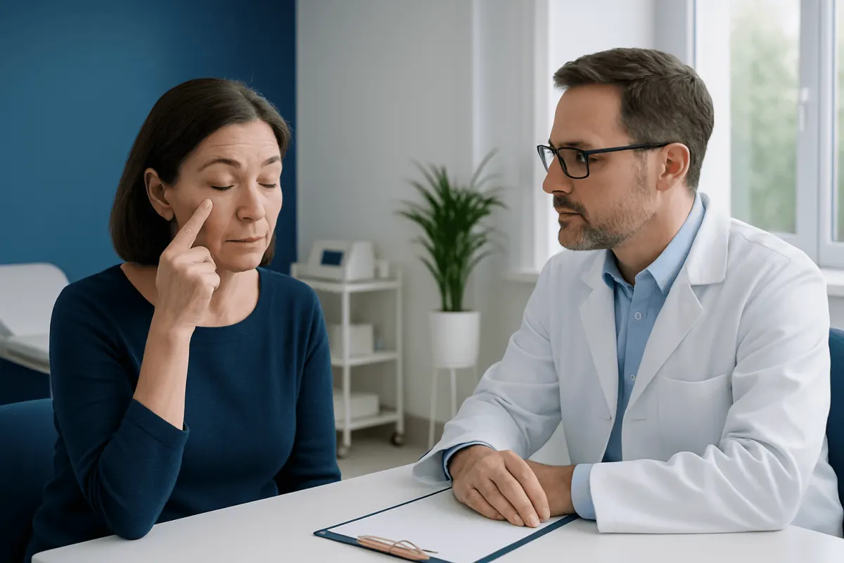 Doctor explaining eyelid surgery risks to a patient in consultation room.