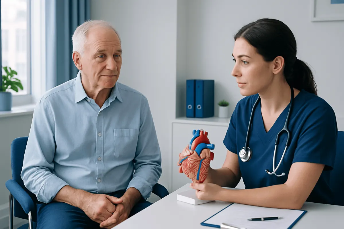 Cardiologist explaining heart anatomy to an elderly patient in a consultation.
